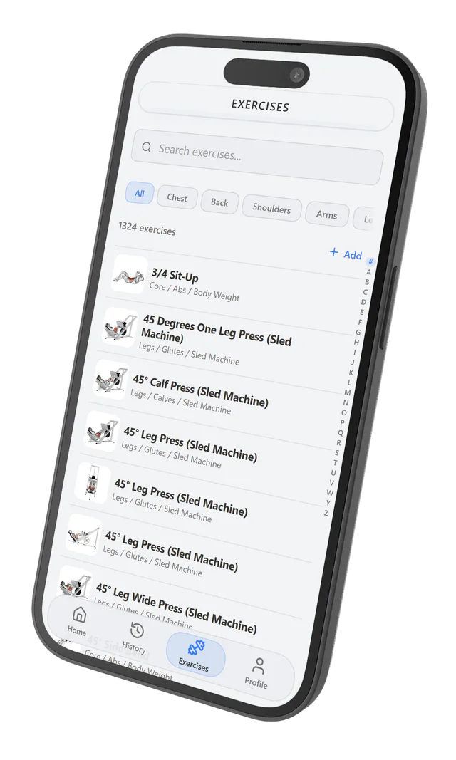 FLEX exercise library with search, body-area filters, and 1,273 unique built-in exercises