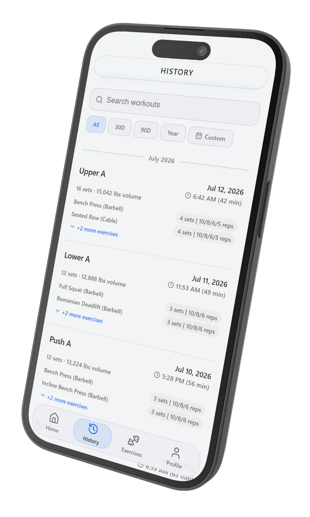 FLEX workout history with searchable completed training sessions
